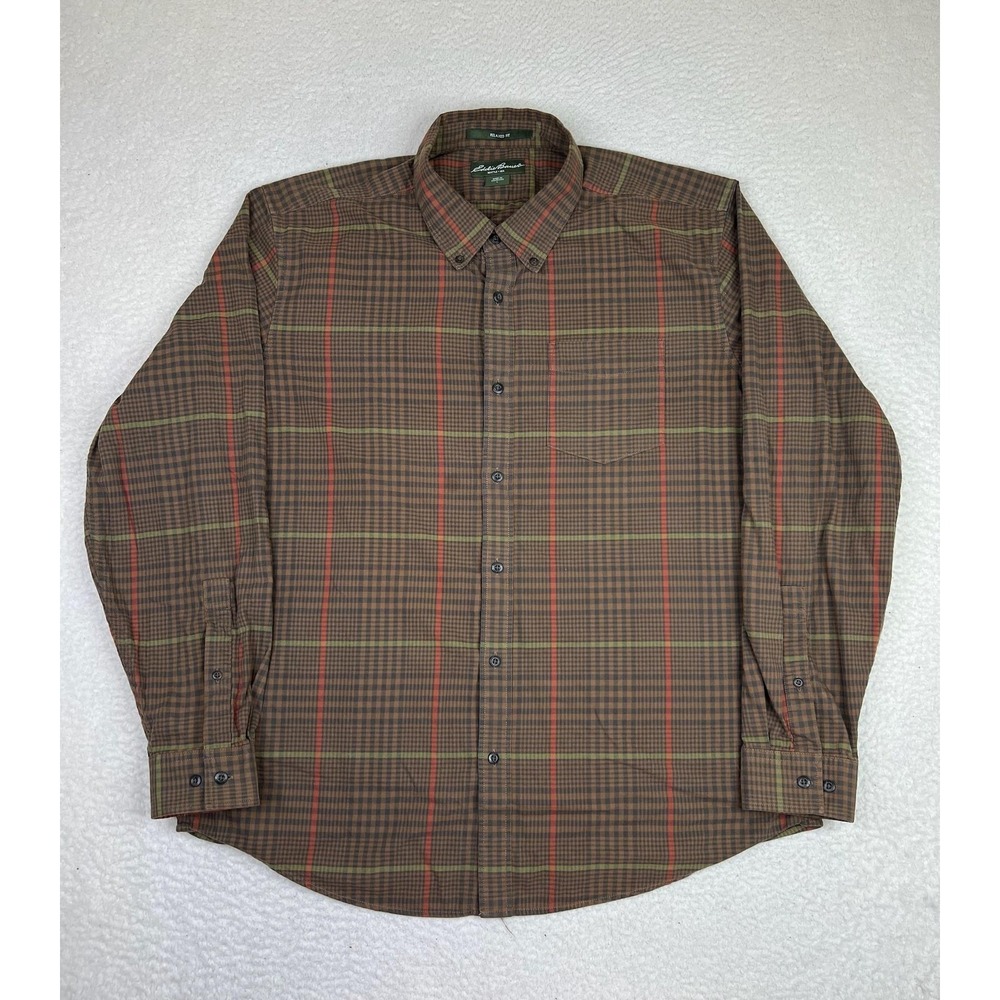 Eddie Bauer Shirt Mens Large Brown Plaid Relaxed Fit Long Sleeve Button Up